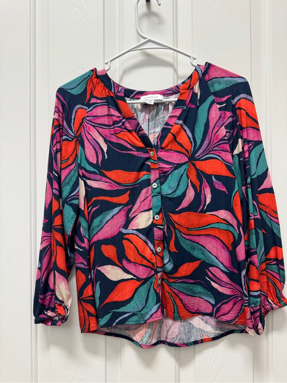 Evereve Navy Floral Button-Front Blouse with Pink & Teal Accents